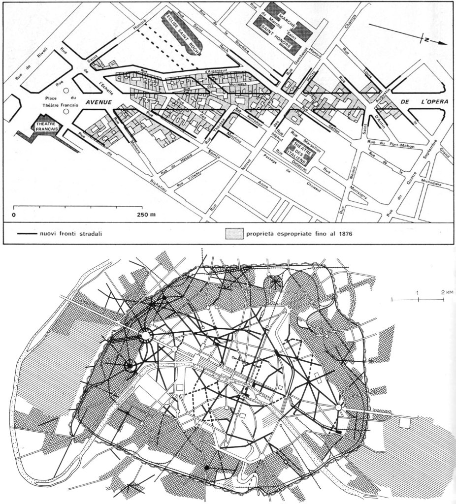 I progetti di Haussmann per Parigi. In alto un esempio di sventramento, in basso carta della città con in nero i nuovi assi viari, a scacchi i nuovi quartieri e a righe il verde urbano in progetto.