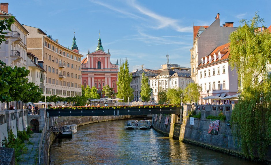 Looking down the Sava River to the pink 17th century Franciscan church