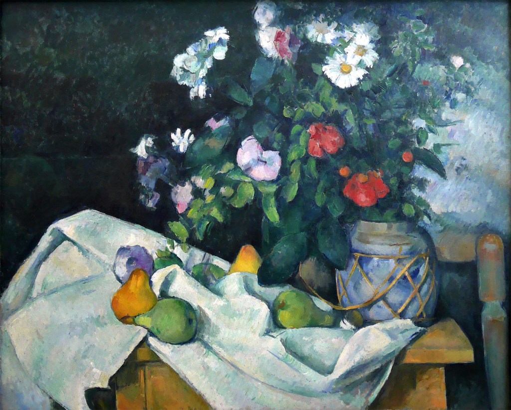 Paul Cézanne, natura morta con fiori e frutta, 1890