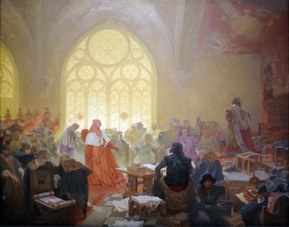 13 Il re hussita Jiri di Podebrad Alfons Mucha l'incoronazione dello zar serbo Stepan Dusan
