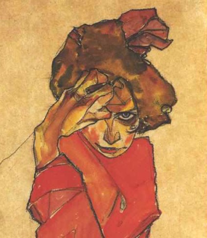 79_Egon Schiele, Ragazza inginocchiata in abito arancio-part