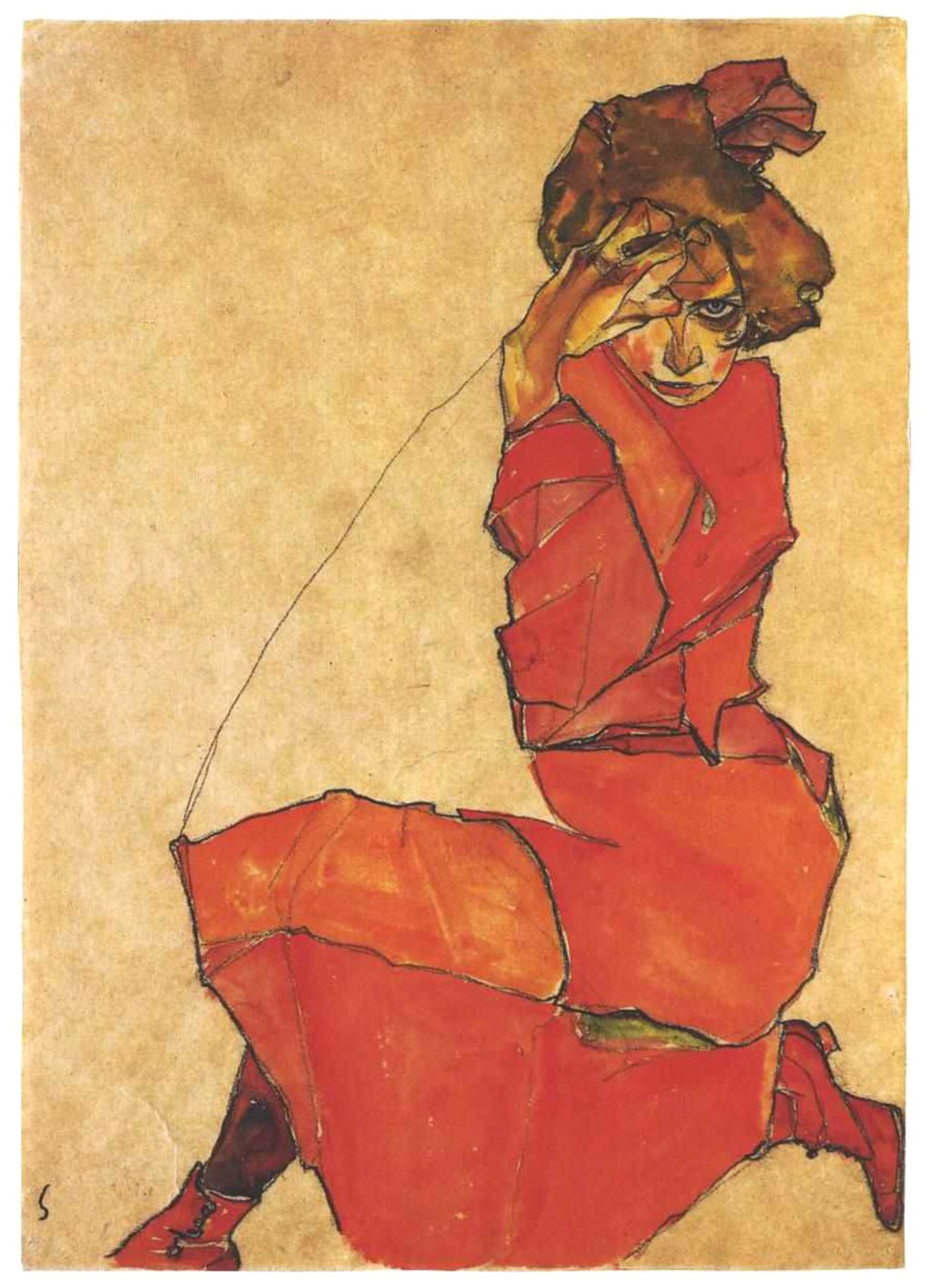 Egon Schiele Ragazza inginocchiata in abito arancio